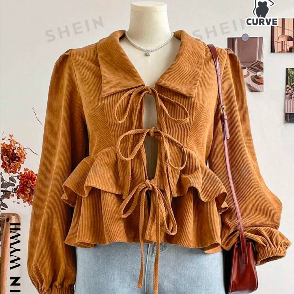 Brown Corduroy Embroidered Ruffle Hem Puff Sleeve Cute Jacket